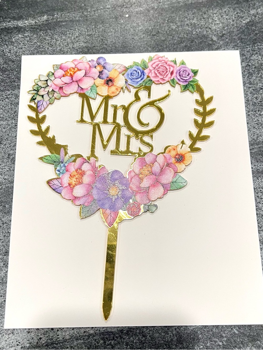 Mr & Mrs Gold Floral Cake Topper - Pink Purple Floral Wedding Decor